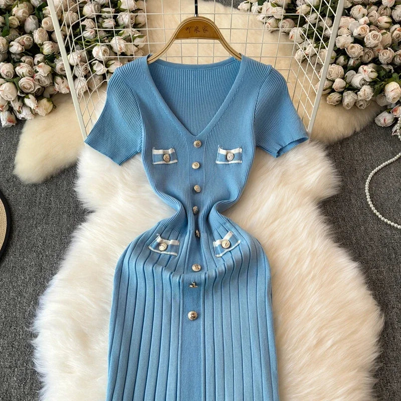 Elegant Knitted Long Dress Women Summer V Neck Single Breatsed Short Sleelve Bodycon Dresses Fashion Party Office Lady Vestidos - Seprincess