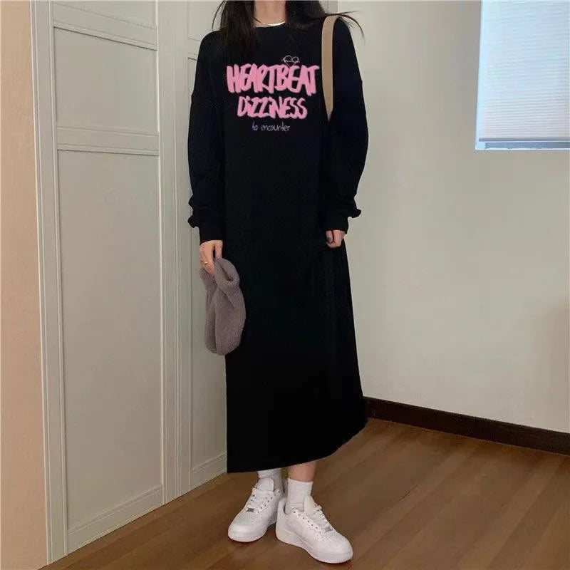 Simple Long Dresses Lazy Style Drawstring Regular Sleeve Slit Velvet Hoodie Dress Autumn Winter Suitable Daily Street Wear - Seprincess