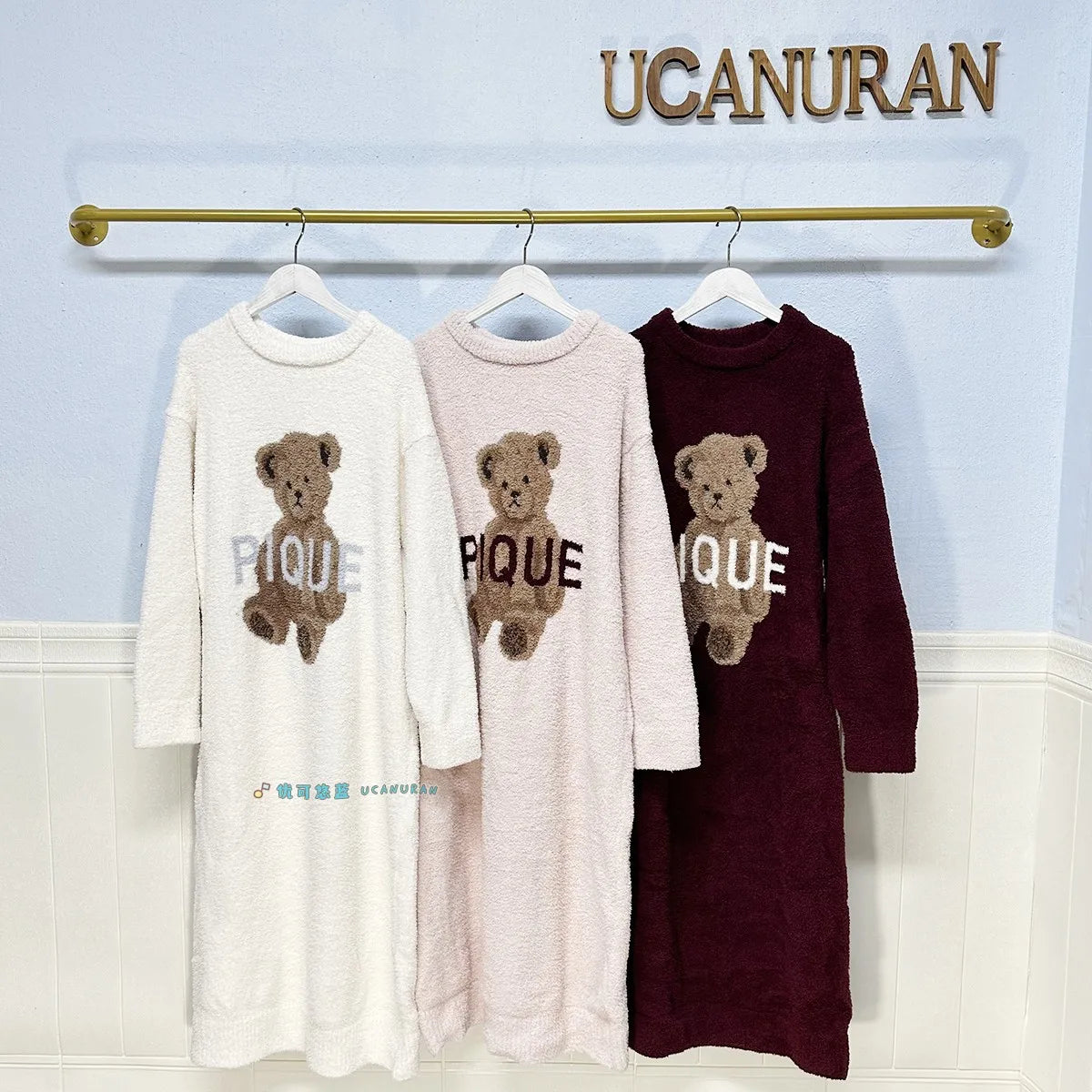 Japan Style Original New Year Teddy Bear Plaid Winter Thick Pajamas Knitted Sweaters Gown Wine Sleepwear Loungewear - Seprincess