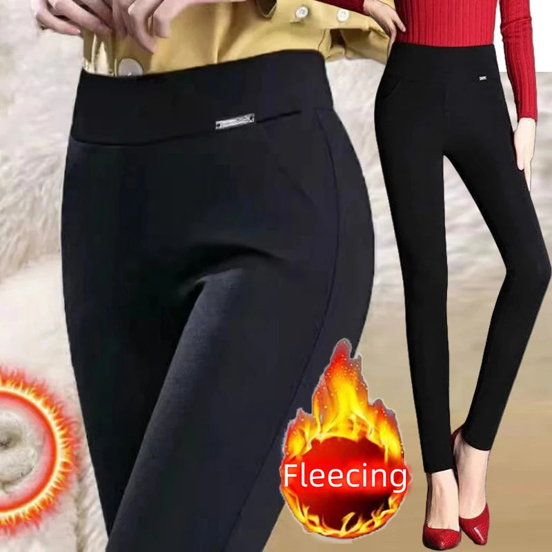 Thin&Thick Fleece Women Autumn Winter Slim Pants Solid Pocket Casual All-Match Pencil Pants Office Lady's Basic Elegant Trousers