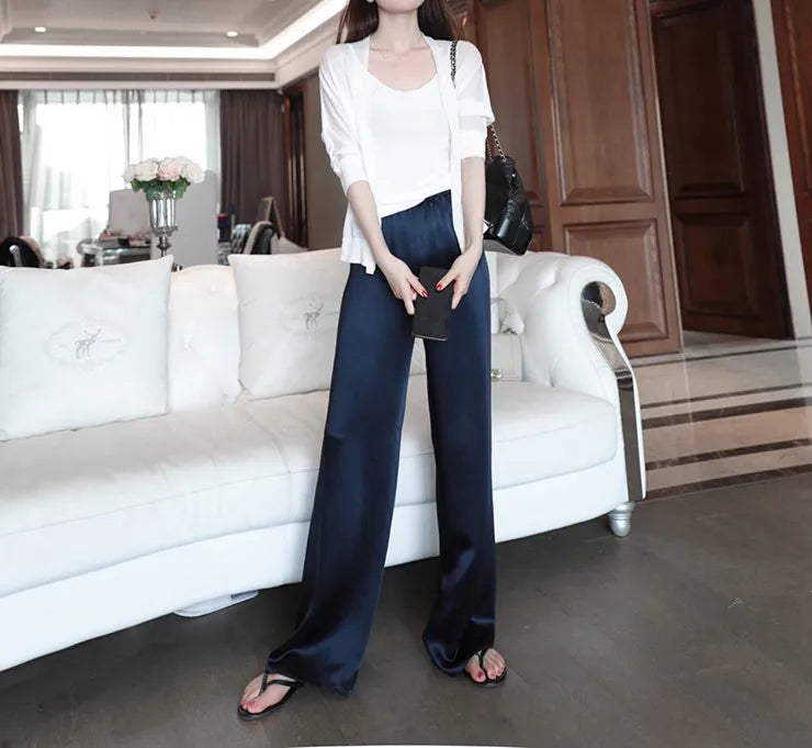 Acetate Satin Wide-Leg Pants for Women 2022 Summer New High Waist Drooping Mop Trousers Baggy Straight Trousers Tide