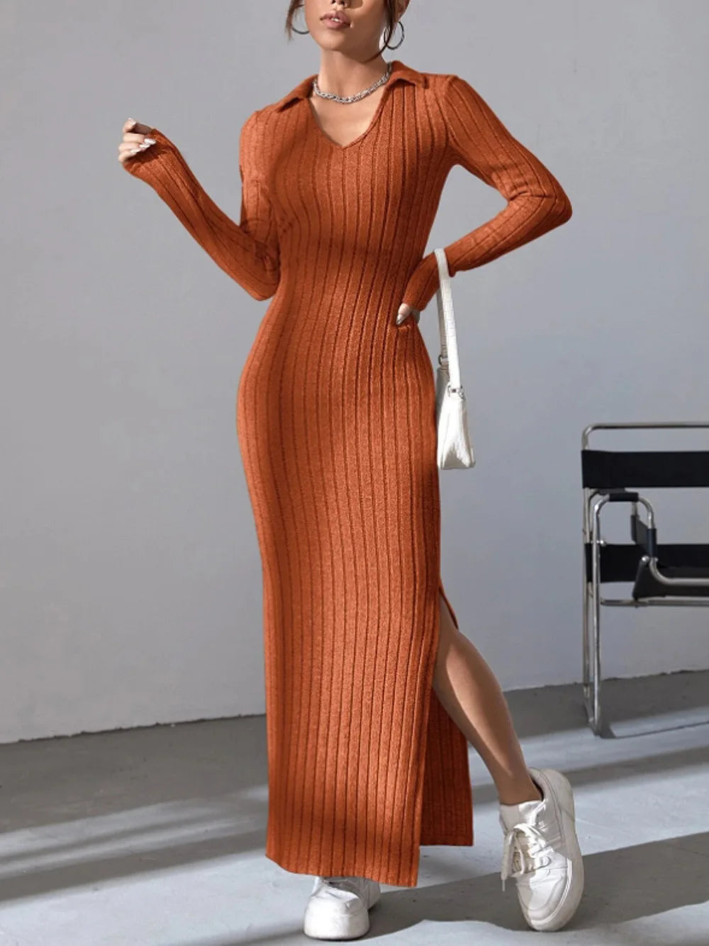 2024 Europe And The United States Autumn And Winter New Knitted Slim-Fit Lapel Long Sleeve Pit Strip Solid Color Tight Dress - Seprincess