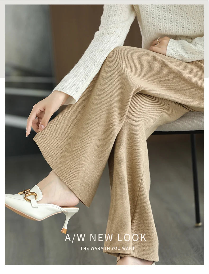 Women's Merino Wool Knitted Pants Office Lady Simple High Waist Straights Trousers Cashmere Wool Autumn Winter Thick Knitwear