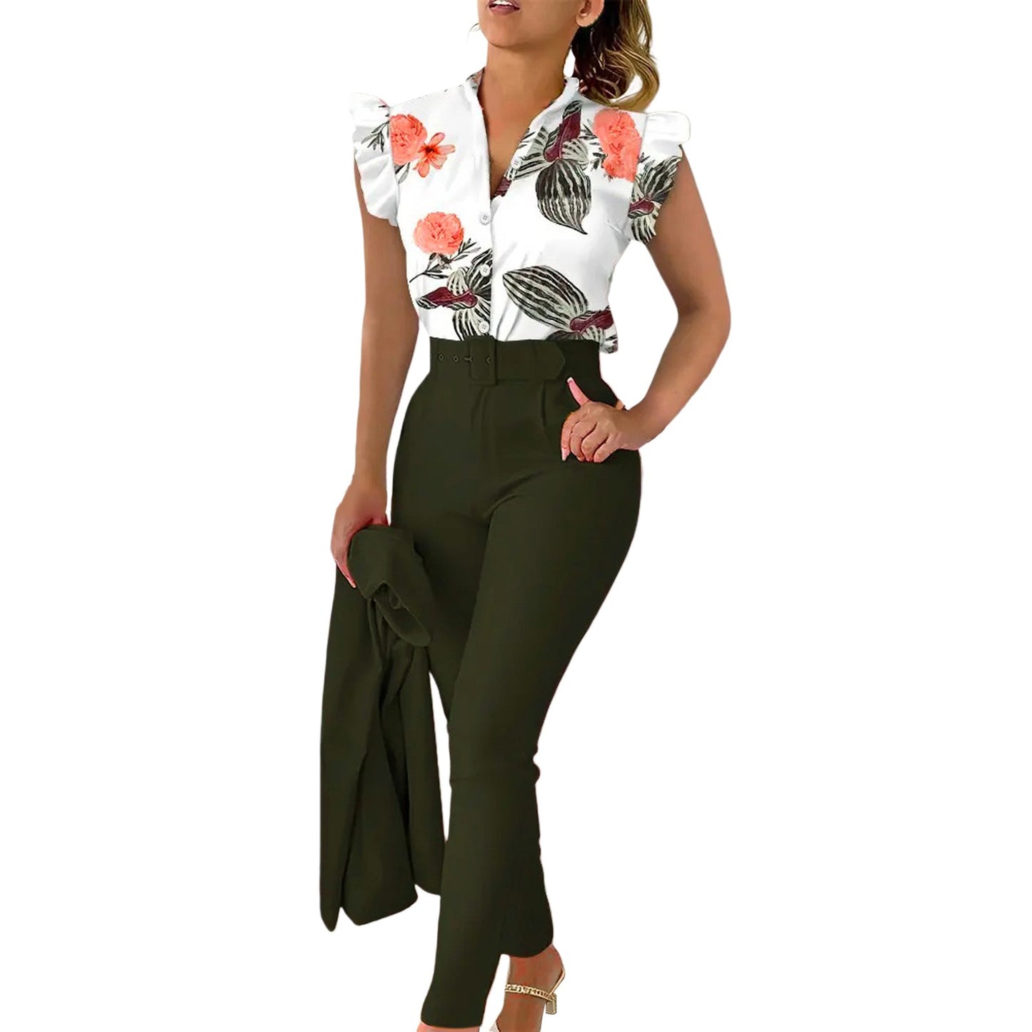 Elegant Short Sleeve Shirt Pants Set Office Lady Fashion V Neck Floral Print Ruffles Trousers Two Piece Set Women Outfit 2023 - Seprincess