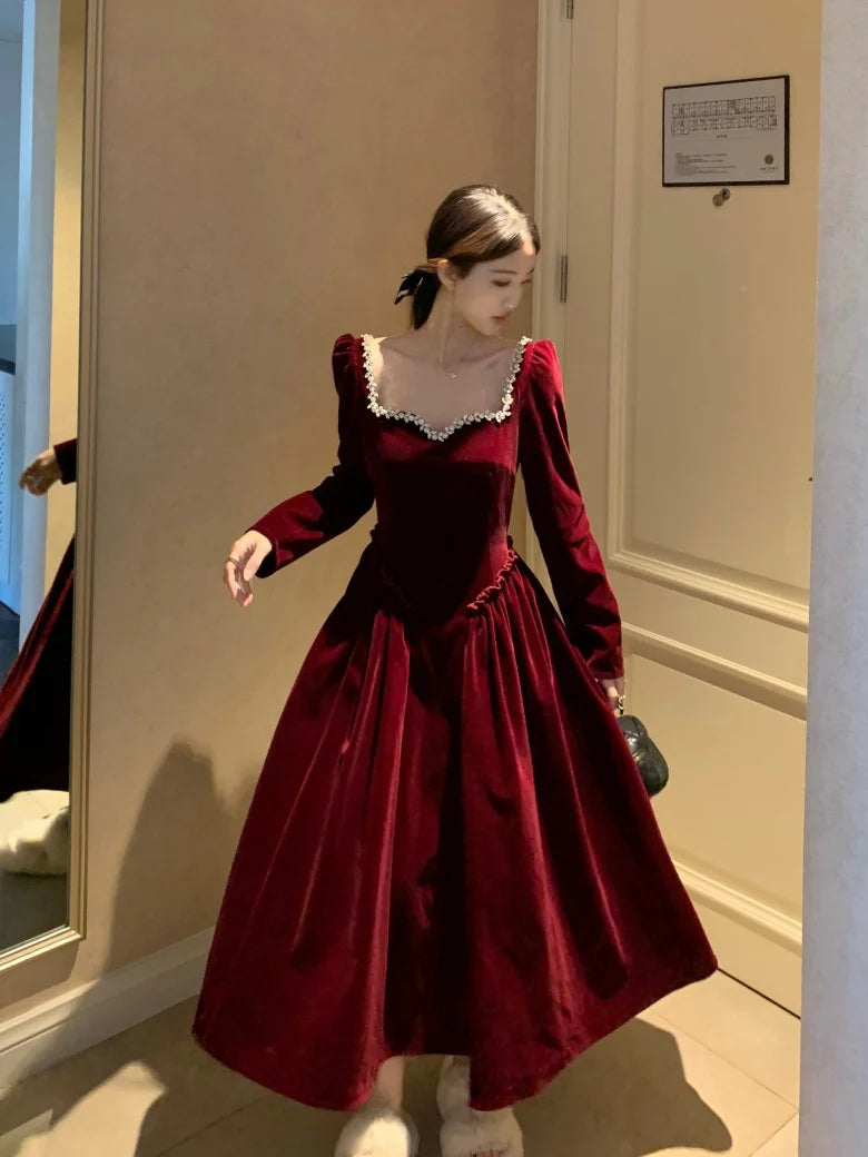 Vintage Evening Party Velvet Dresses for Woman Elegant Fashion Wedding Birthday Prom Long Sleeves Female Clothing Black Robe - Seprincess