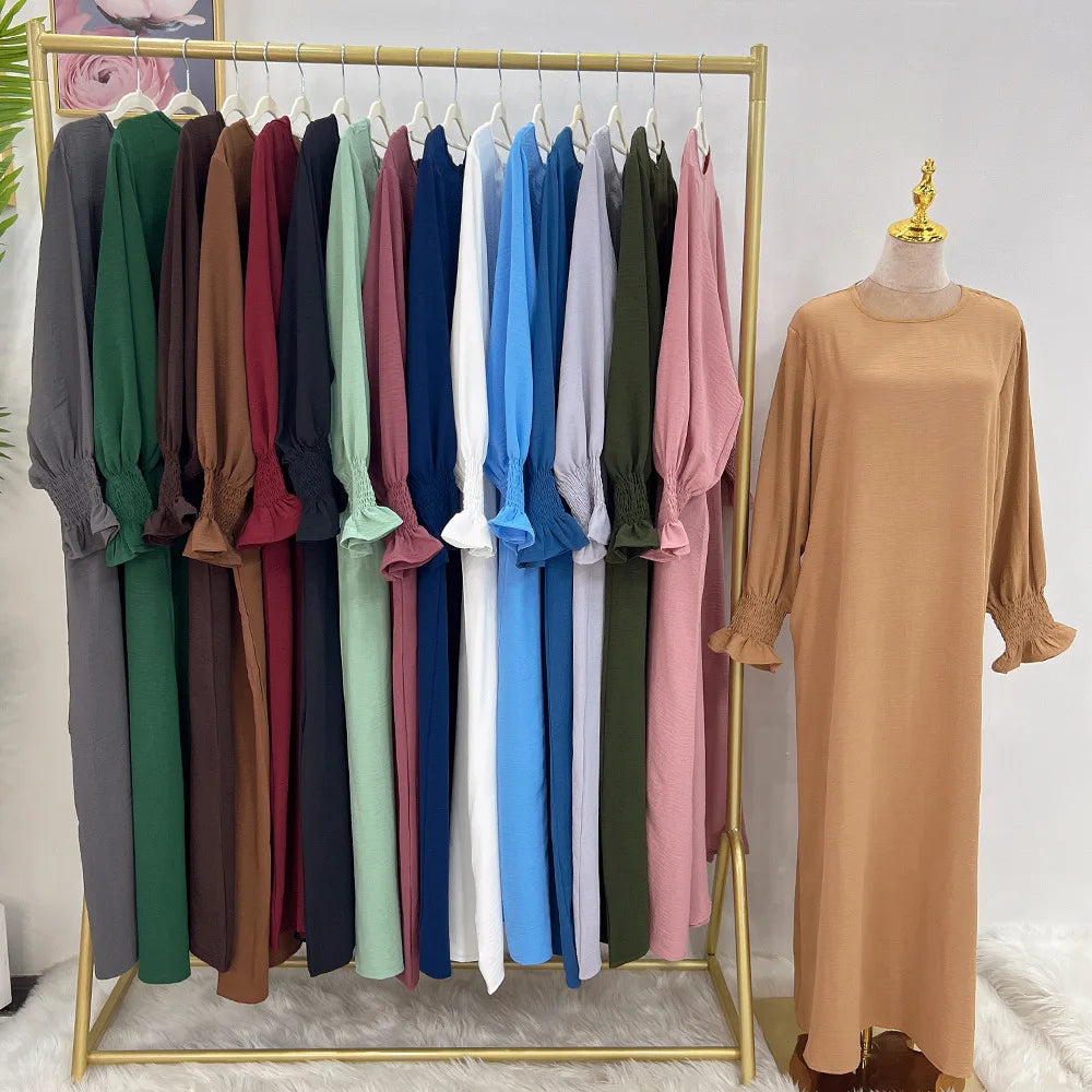 Under Abaya Inner Long Slip Dress Solid Color Smocked Cuffs Islamic Clothing Muslim Woman Casual Dubai Turk Modest Hijabi Robe - Seprincess