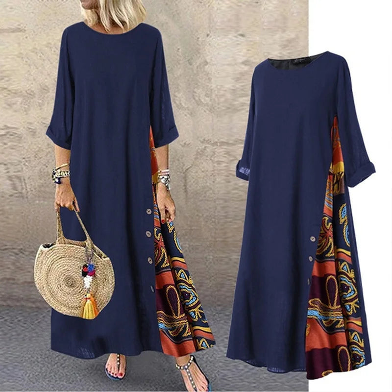 Autumn New Women's Dress Fashion Printed Round Neck Retro Style Patchwork Temperament Commuter Three-quarter Sleeve Long Dress - Seprincess