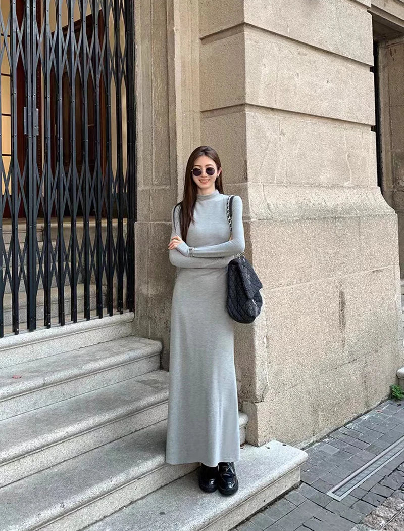 Autumn Half Turtleneck Dress Women Korean Elegant Black Hepburn Style Midi Dress Y2K High Waist Long Sleeve Warm A Line Vestidos - Seprincess