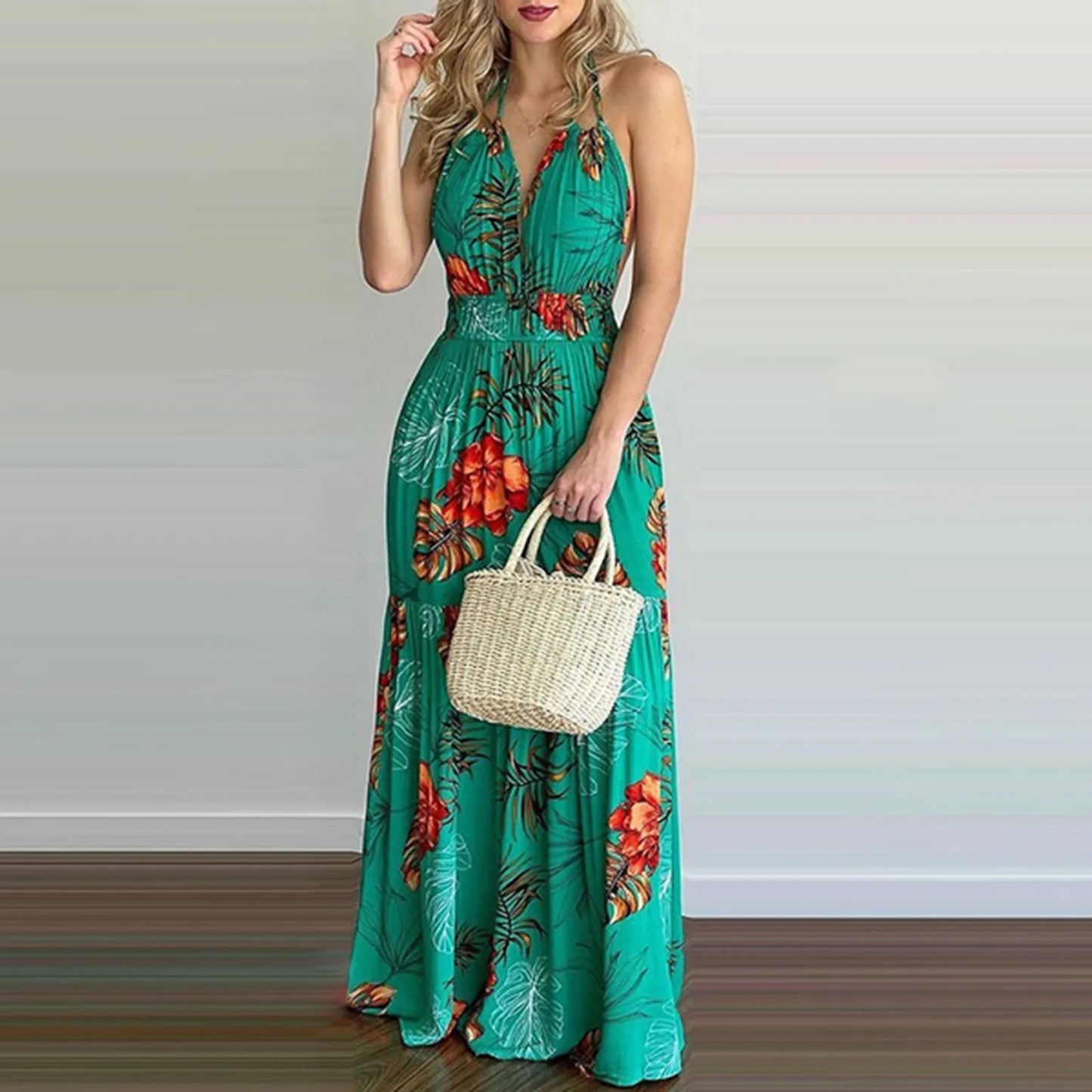 Summer Boho Dress Y2k Cloth Women Floral Print Backless Maxi Dress Elastic Waist Halter V Neck Long Robe Long Dresses Vacation - Seprincess