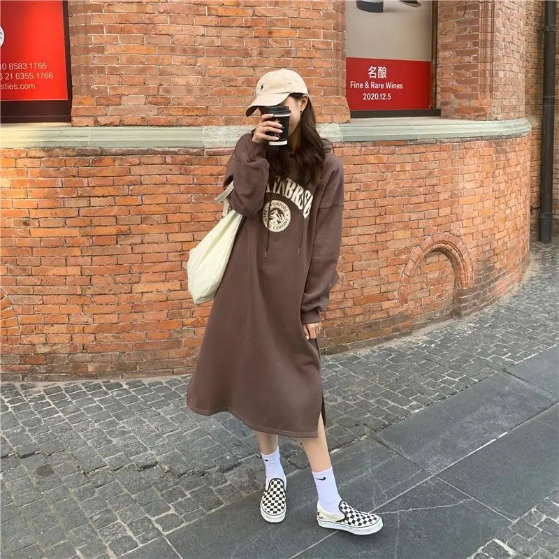 Autumn Winter Women Fleece Thicken Hooded Dress Print Letter Drawstring Korean Fashion Loose Midi Side Slit Oversized Dresses