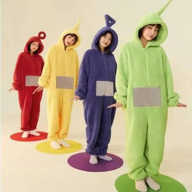 Kawaii Cartoon Teletubbies Plush One-Piece Pajamas Kid Teletubbies Costumes Adult Warm Home Clothes Cosplay Party Wear Girl Gift - Seprincess