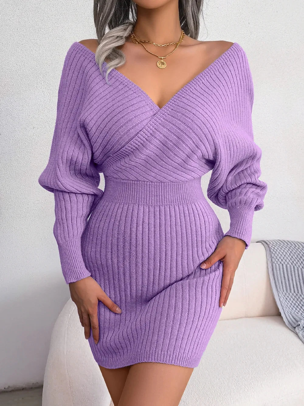 2024 New Spring Bodycon Sweater Dresses For Women Autumn Casual Long Sleeve Knitted Clothes White Green Blue Black Purple Dress - Seprincess