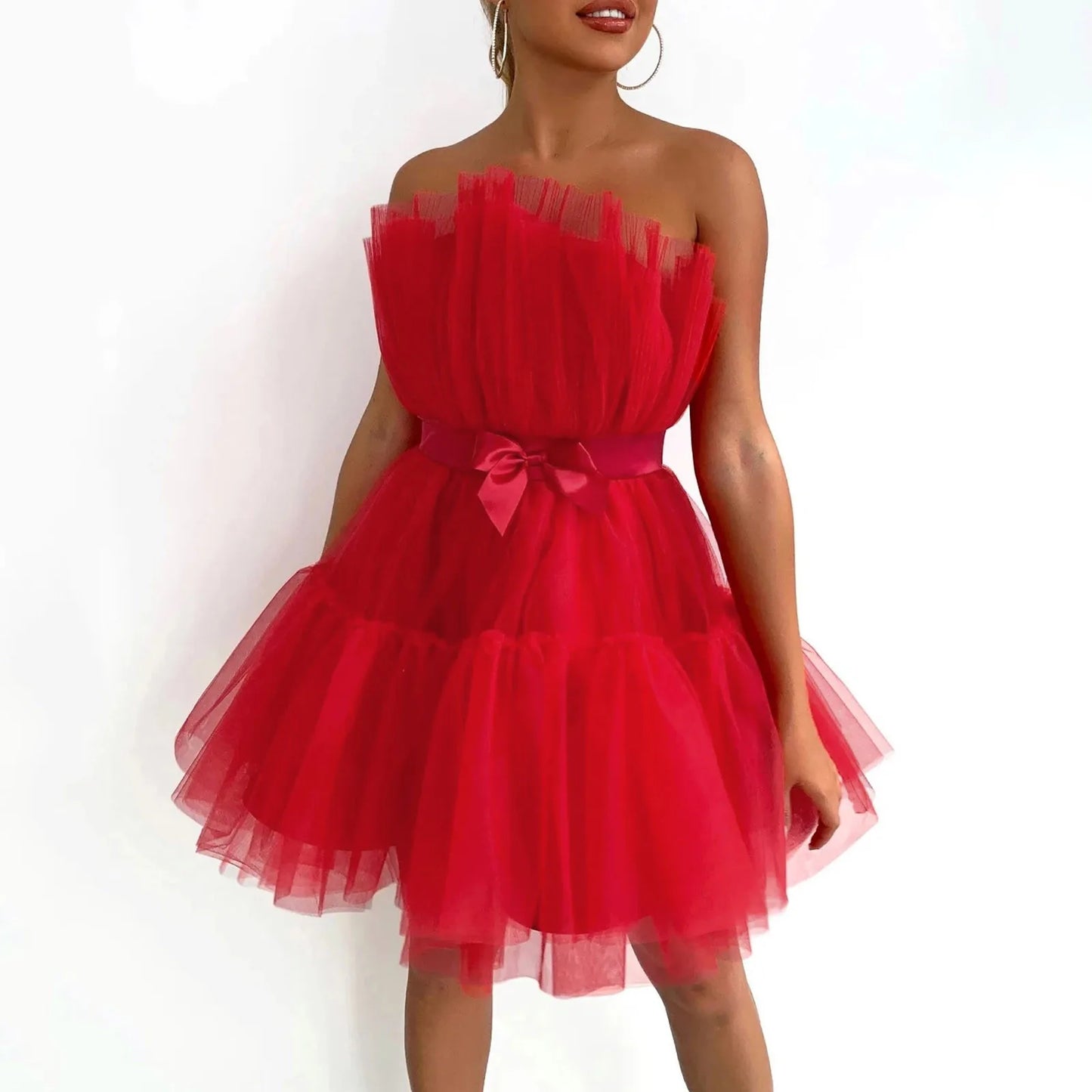 Tulle Dress Women Short Puffy Prom Dress Strapless Mesh Birthday Fairy Dresses Ruffle Cocktail Dress for Women Wedding Long - Seprincess