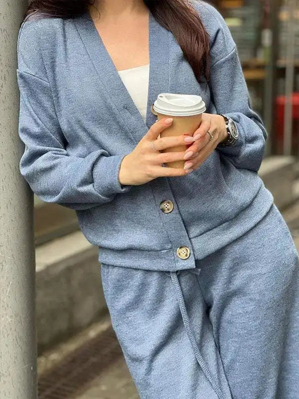 Autumn Fashion Knitted Cotton Women's Sports Jacket Suit Simple Trousers Pocket Casual Cardigan Elegant 2-piece Set Female - Seprincess