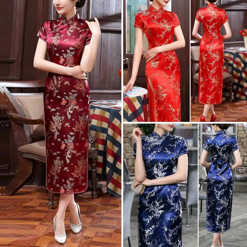 Retro Style Cheongsam Dress Elegant Chinese National Style Floral Embroidery Cheongsam Dress with Stand for Summer for Women - Seprincess