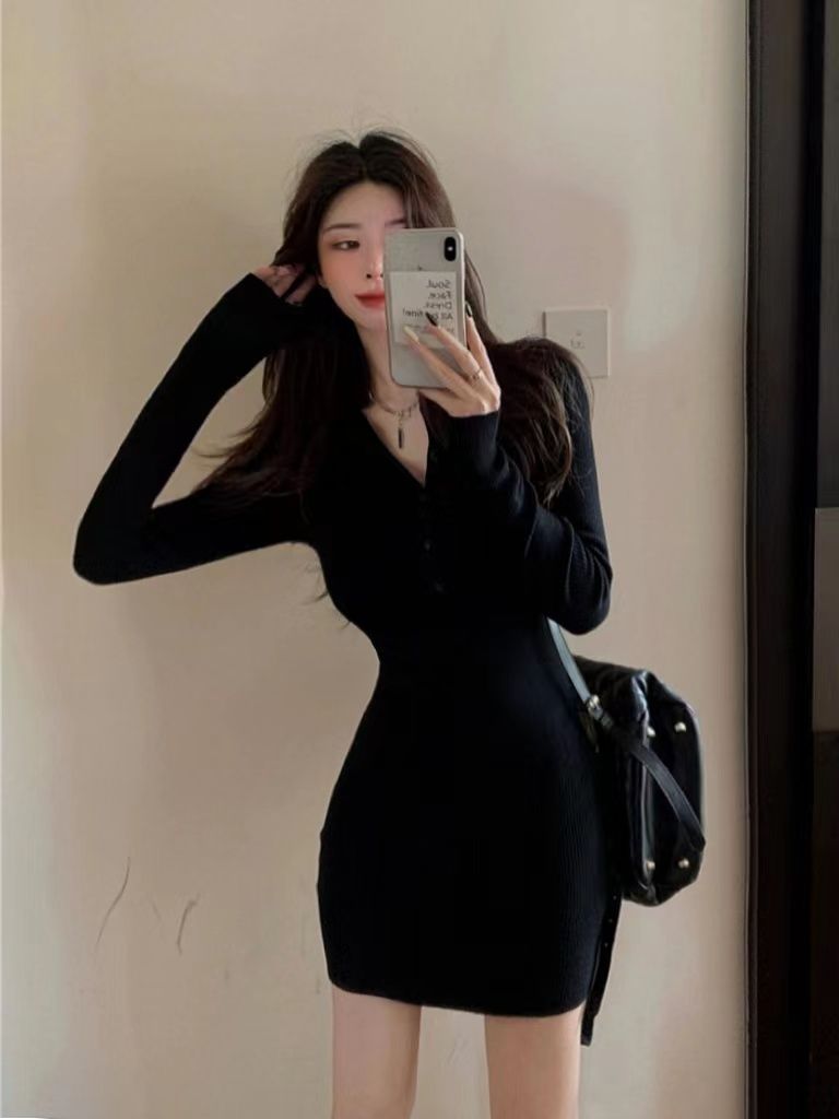 Gagarich Woman Korean High-end Waist Hot Girl Black Hip Dress Autumn Winter New Style Long Sleeved Knitted Short Vestidos - Seprincess