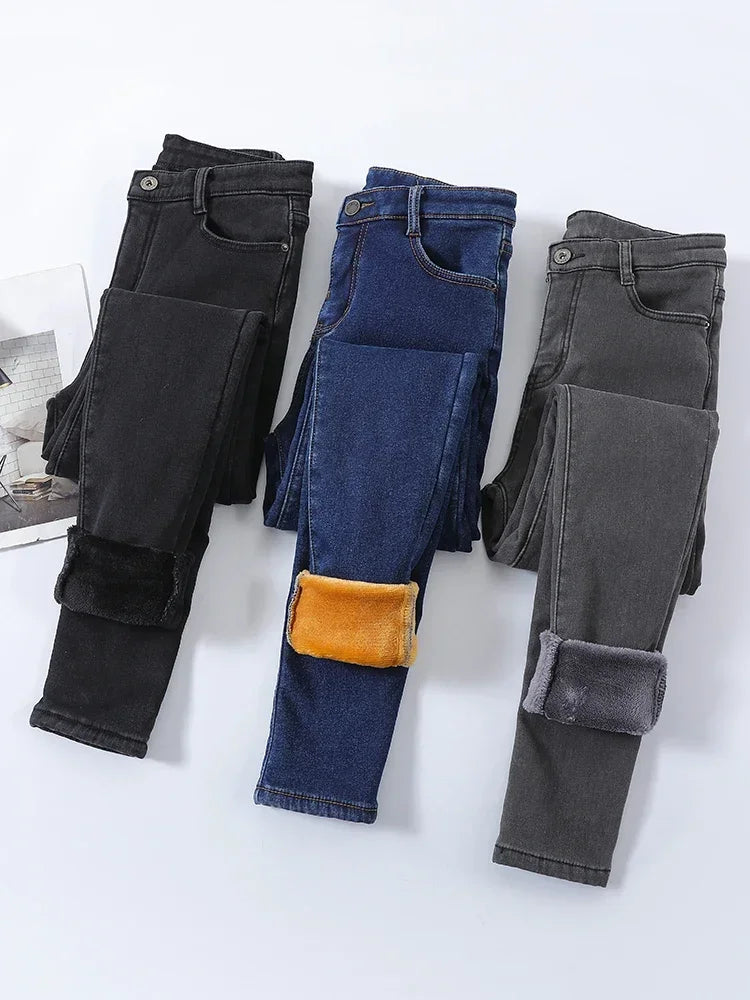 Skinny Women's Warm Jeans Winter Thicken Fleece Stretch High Waist Pencil Pants Fashion Korean Black Blue Gray Velvet Leggings