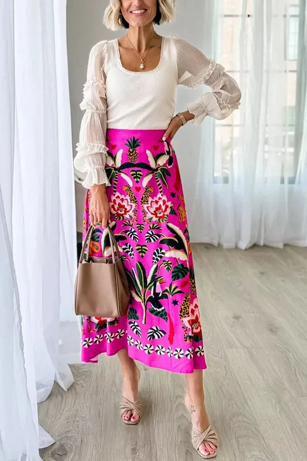 2024 Spring/Summer New Street Tropical Plant Print Retro Half Skirt Women's Elegant Lower Half Colored Printed Half Skirt - Seprincess