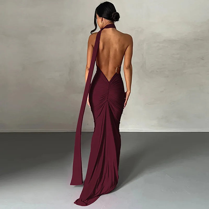 Womens Elegant Evening Party Cocktail Long Dress Sexy Backless Open Back Ruched Slim Bodycon Formal Wedding Guest Maxi Dress