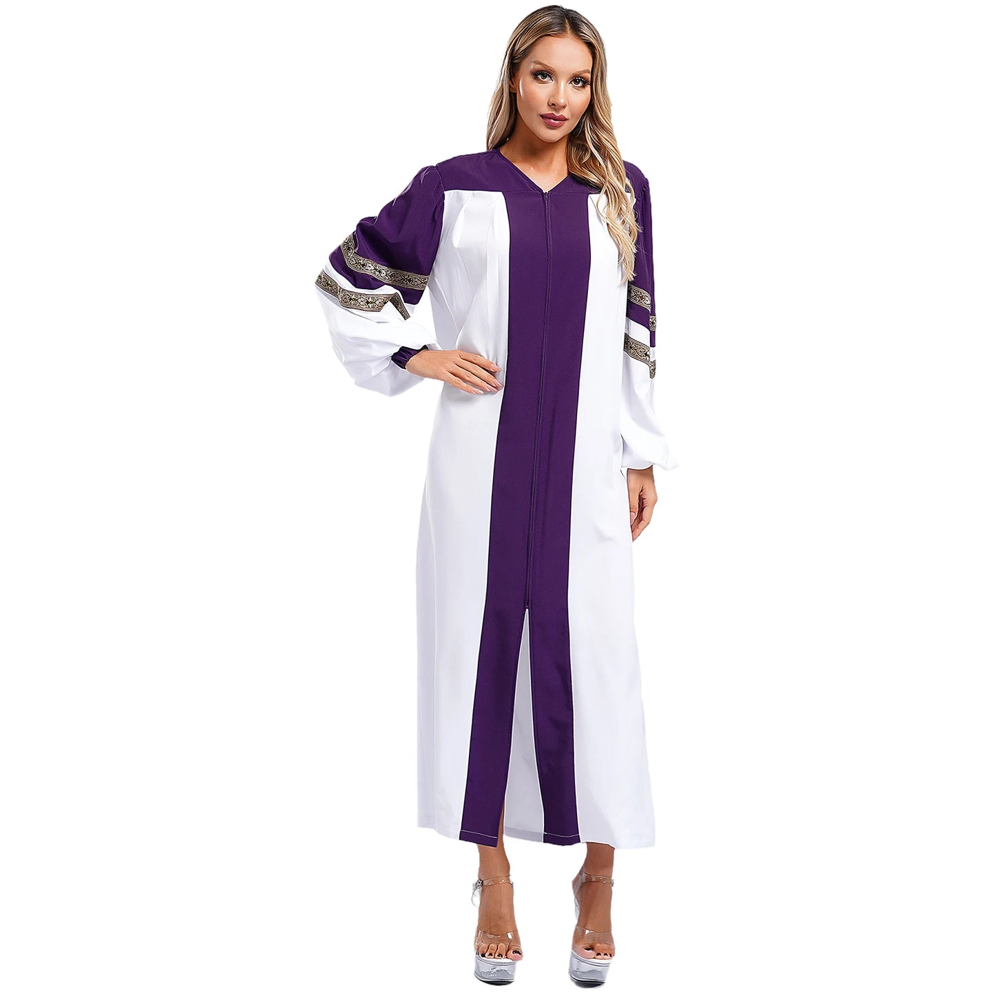 Womens Mens Church Choir Robe Halloween Cosplay Theme Party Costume V-Neck Embroidered Stripes Long Sleeve Zipper Clergy Gown - Seprincess