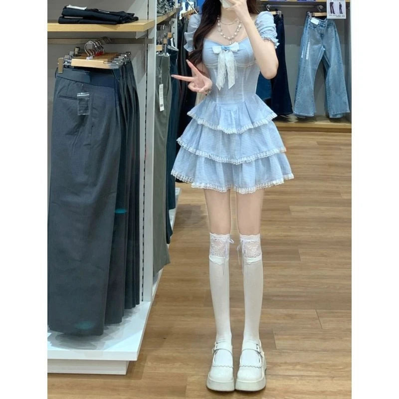 2024 Summer Sweet Kawaii Blue Plaid Dress Woman Lolita Lace Y2k Mini Dress Short Party Elegant One Piece Dress Korean Fashion - Seprincess