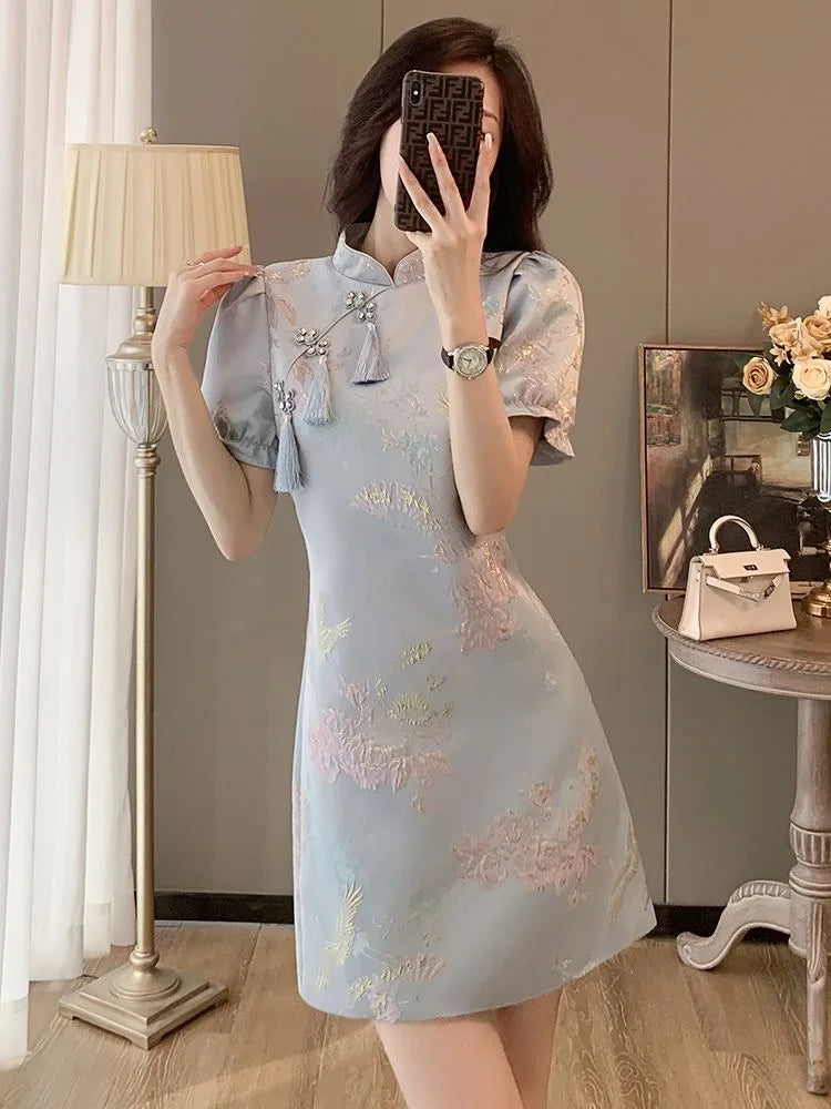 Chinese Style Elegant Cheongsams Dress Summer Women Vintage Floral Embroidery Qipao Mini Dress Lady Chic Tassels Slim Vestidos - Seprincess