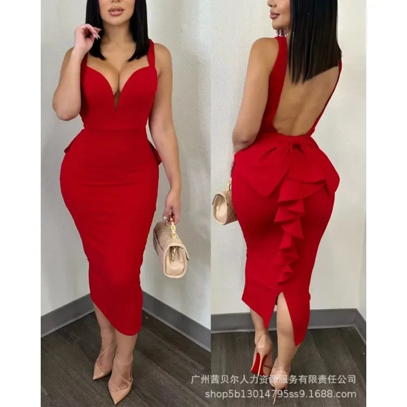 New Women's Backless Ruffles Patchwork Dress 2023 Elegant Sexy Evening Party Dress Women's Spaghetti Strap V-neck Slim Fit Dress - Seprincess