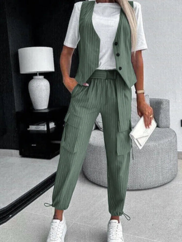 White Striped Vest Suit For Women Summer Casual V-neck Button Top Pocket Loose Pants Outfits Two-piece Suit For Women Elegant - Seprincess