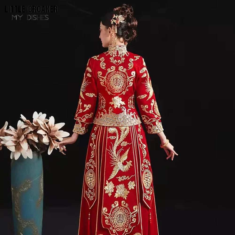 Modern Cheongsam Top + Skirt Suit Red Qipao Long Chinese Traditional Wedding Dress Oriental Style Xiuhefu Dresses - Seprincess