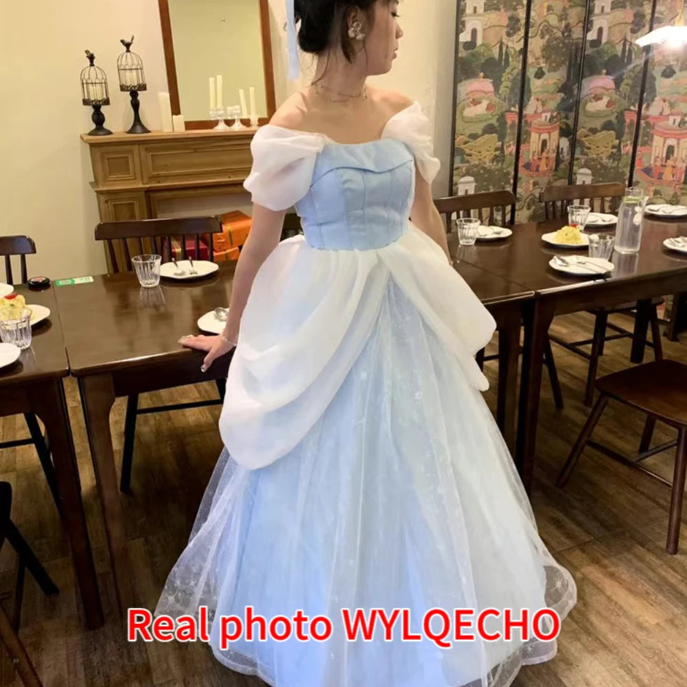 Blue Prom Dress Engagement Jacquard Dress France Vintage Sweet Korean Princess Fairy Dress Evening Party Dress - Seprincess