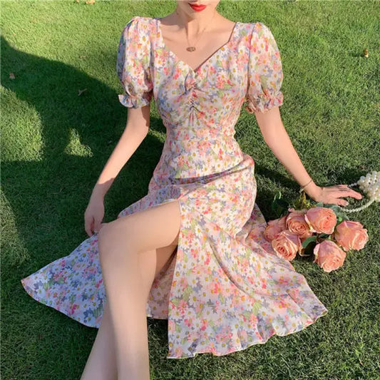 Vintage floral long dress 2024 summer Korean version waist short sleeve V-neck bubble sleeve side slit dress for women - Seprincess