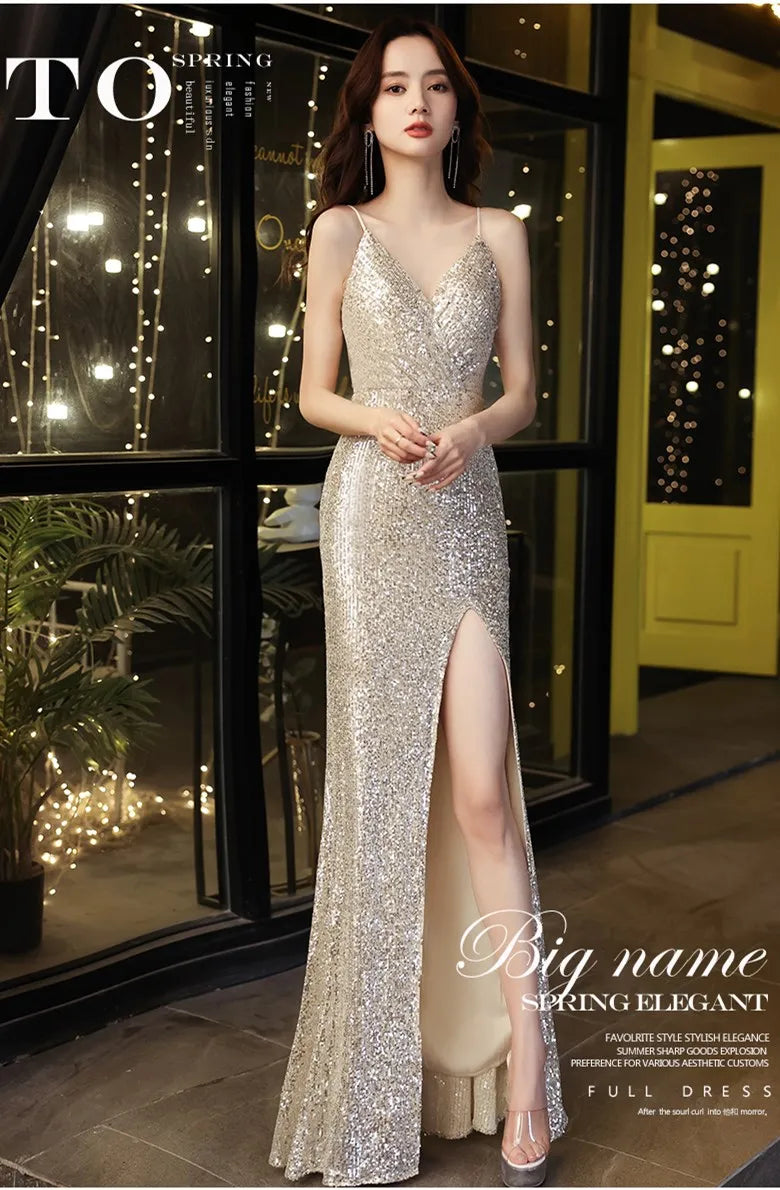 Elegant Shiny Spaghetti Straps Sequins Evening Dresses Sexy V-Neck Split Slim Party Mermaid Dress Women Formal Gowns - Seprincess