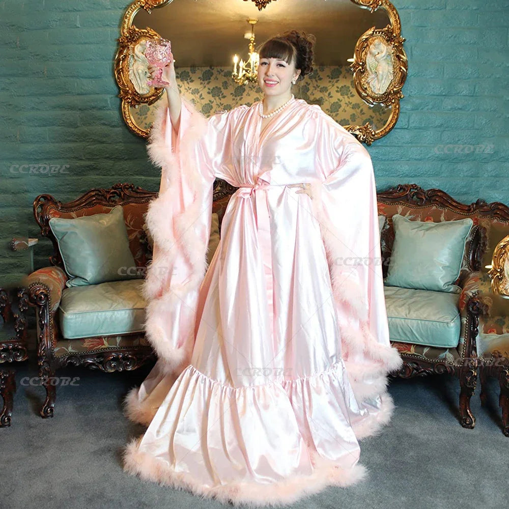 Women's Feather Bridal Robe Long Lingerie Robes Nightgown Bathrobe Sleepwear Wedding Scarf Silk Dressing Gown Photo Shoot - Seprincess