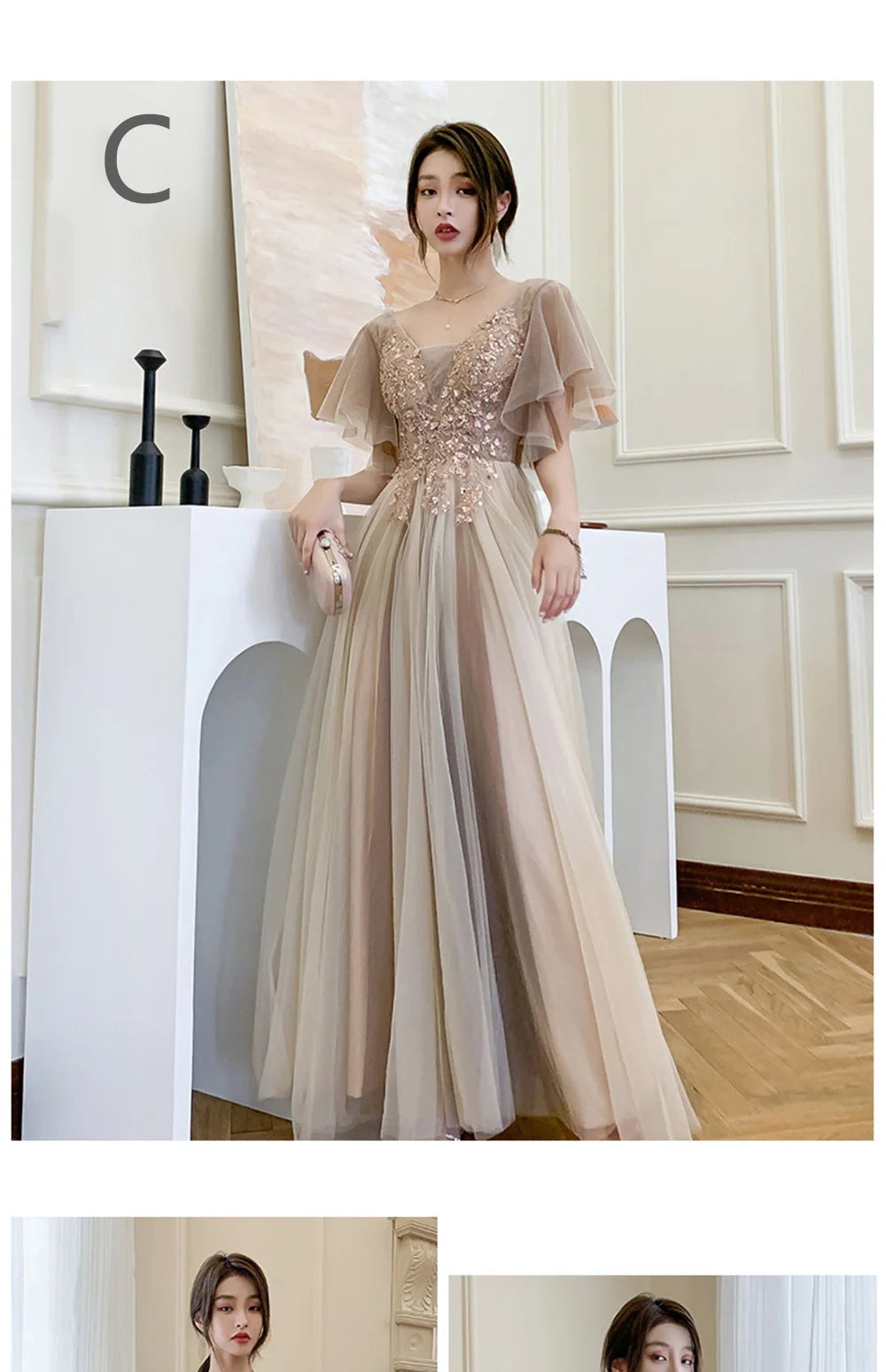 4 styles Champagne Pink Bridesmaid Dress Women's Elegant Off Shoulder Ruffles Sleeves Gown Sequins Flower Applique Vestido