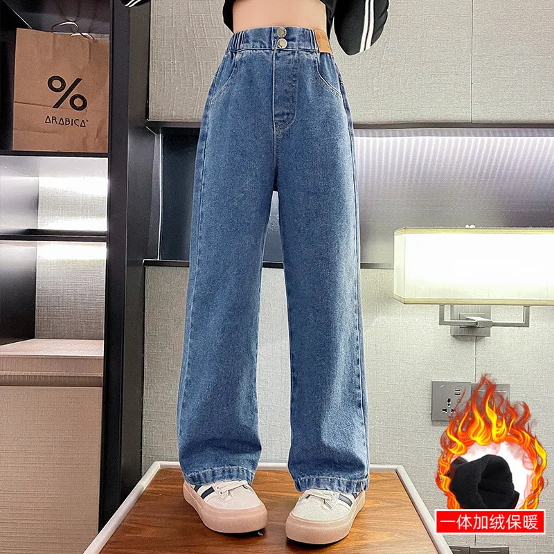 Young Girls Jeans 2024 New Fashion Jeans Wide Leg Pants Autumn Winter  Fleece Thick Warm High Waist Baby Hot Sale Casual Trouser