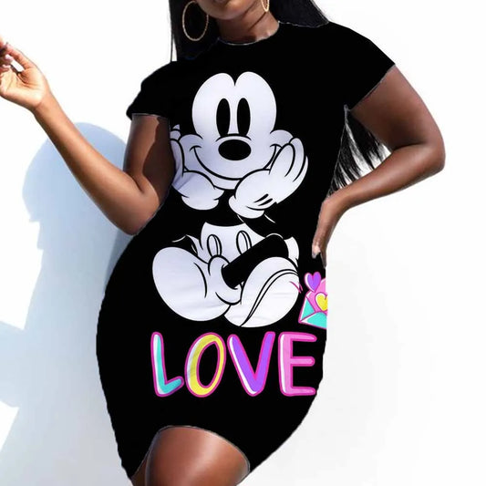 Summer Women Disney Minnie Mouse Bag Hip Tight Mini Dress 2024 Sundress Sexy Bodycon Large 5xL Club Short Sleeve Dress - Seprincess