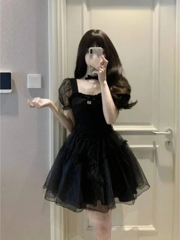 2023 Summer New Black Yarn Dress Fluffy Small Short Square Neck Spicy Girl Sweet Style Small Puff Sleeve Sexy Lovely Short FO30 - Seprincess