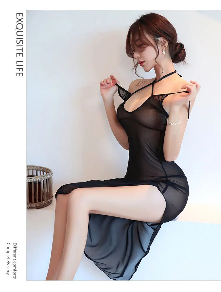 Dress Strap see through mesh long skirt Sexy costume open crotch Party dresses women dresses Autumn dress - Seprincess