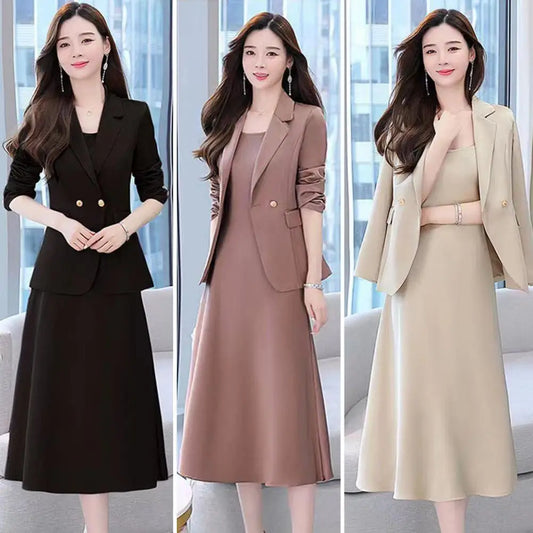 2Pcs Women Outfit Commute Trendy Office Lady Dress Coat Set Elegant Sling Style Coat Long Dress Suit Lady Business Skirt Suit - Seprincess