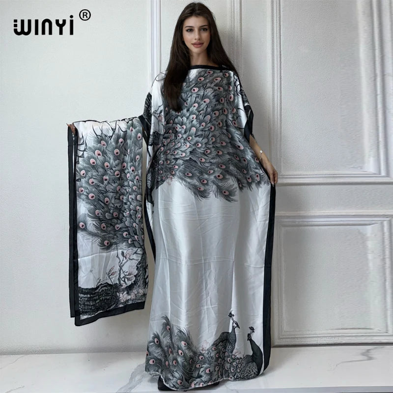 WINYI Africa summer kaftan with belt Women Classic peacock print Caftan Elegant Holiday summer Maxi silk Bohemian party dress - Seprincess