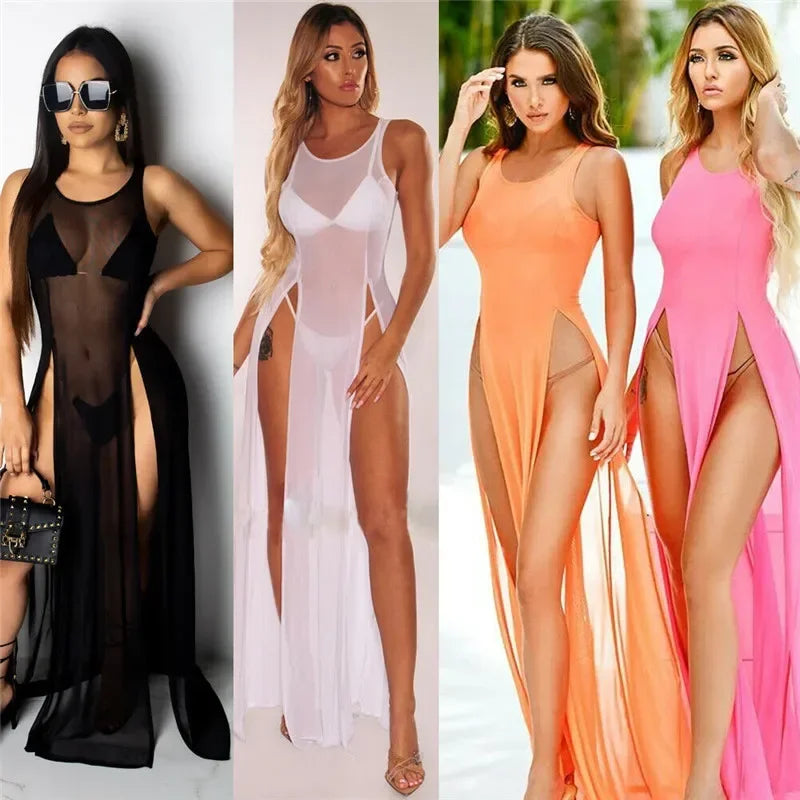 Women Sexy Long Dress Mesh Sheer See Through Bikini Cover Up Beach Sundress Solid Long Dress Sleeveless Strap Dress - Seprincess