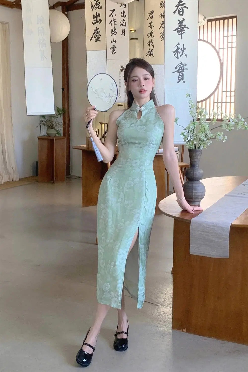 Women New Cheongsam Style Improved Qipao Dress Children's Summer Small Long Print Hanging Neck Off Shoulder Dress - Seprincess