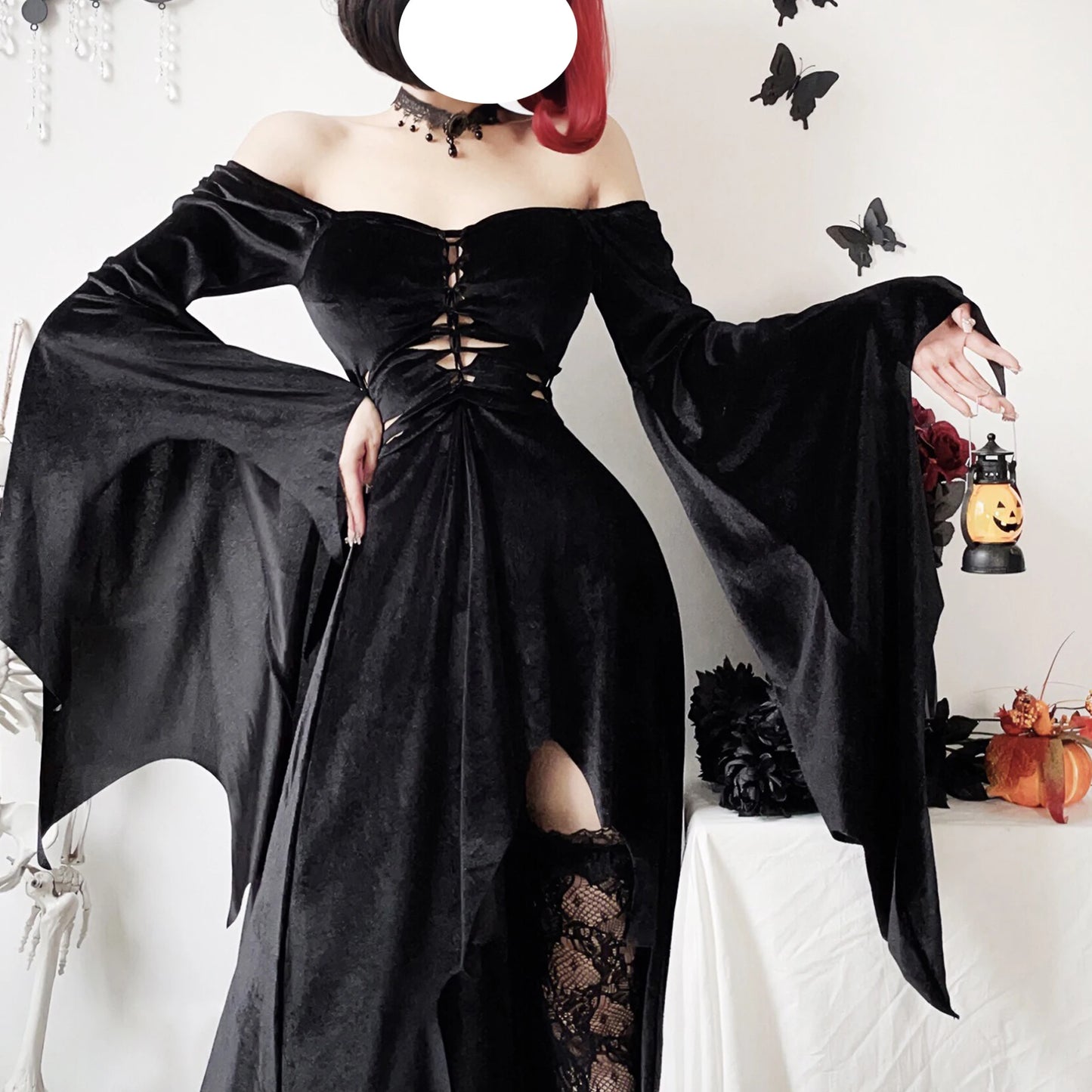 Harajuku Gothic Halloween Costumes Witch Dress Black Vintage Flare Long Sleeve Vampire Bride Outfit Cosplay Death Black Dresses - Seprincess