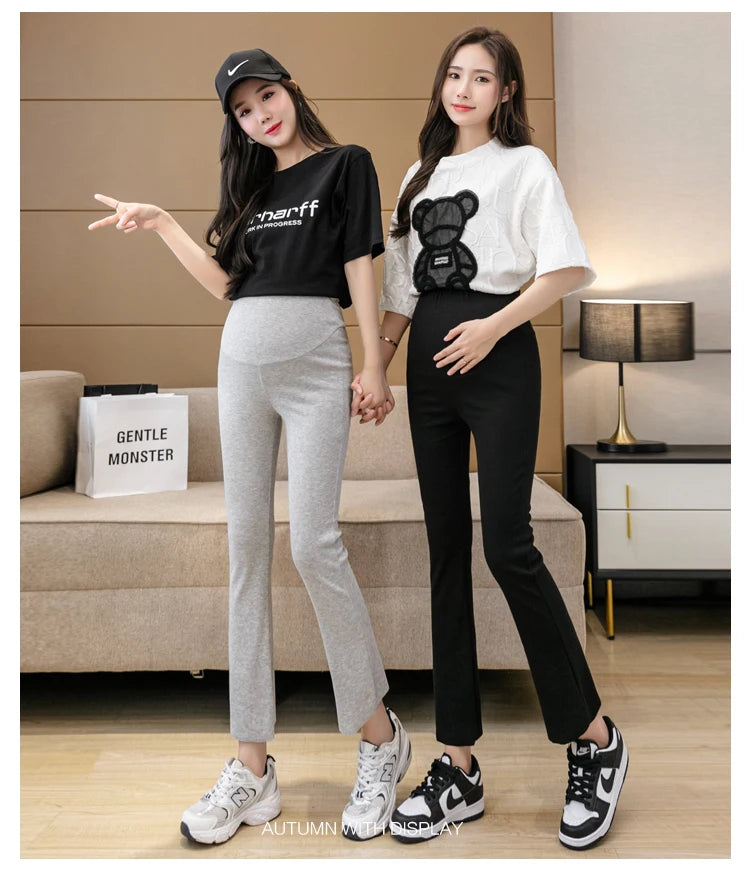 Spring Pregnant Woman Ankle-Length Pants Cotton Stretch Outside Wear Casual Maternity Boot Cut Thin Pregnancy Flare Trousers