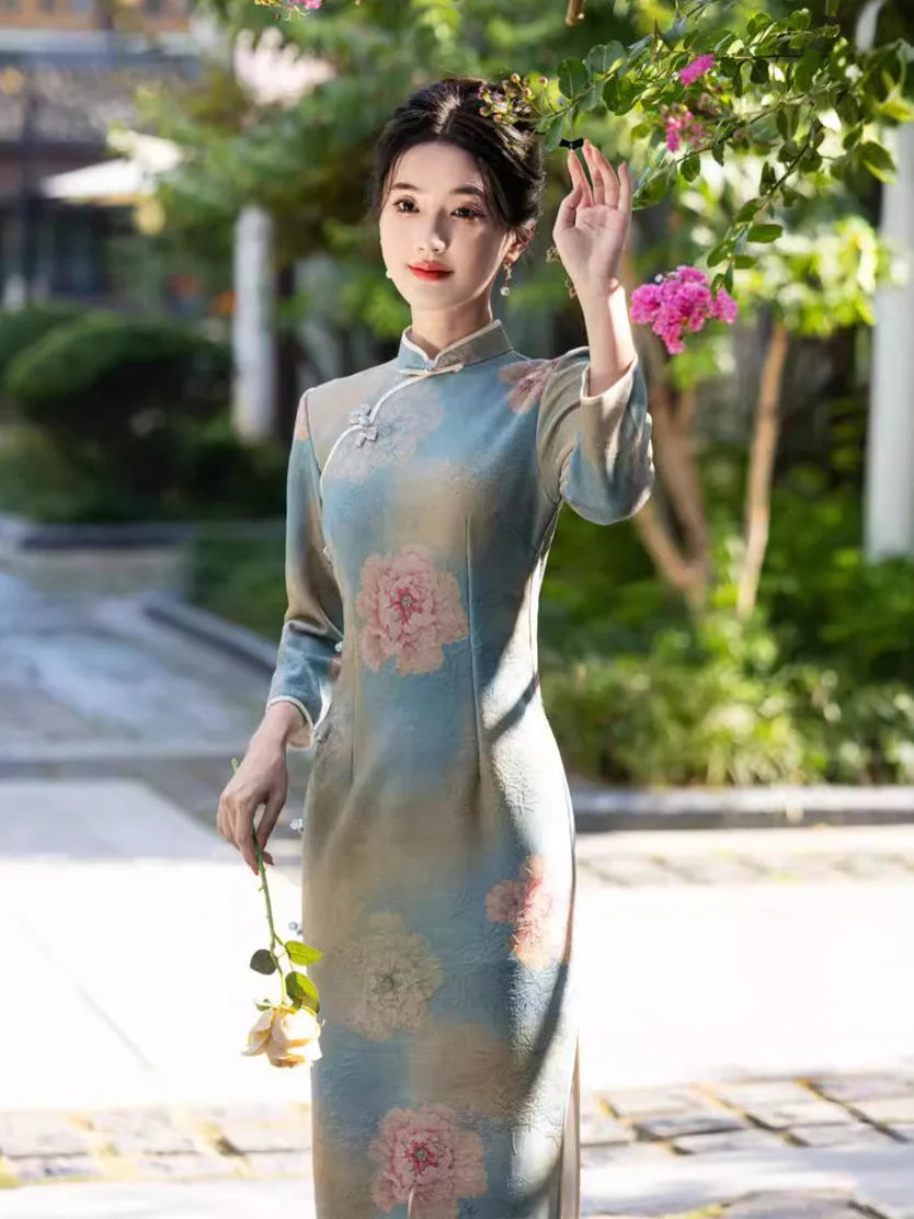 2024 Autumn New Printed Long Cheongsam Slim Fit Seven Quarter Sleeve Women's Cheongsam Qipao Dress - Seprincess