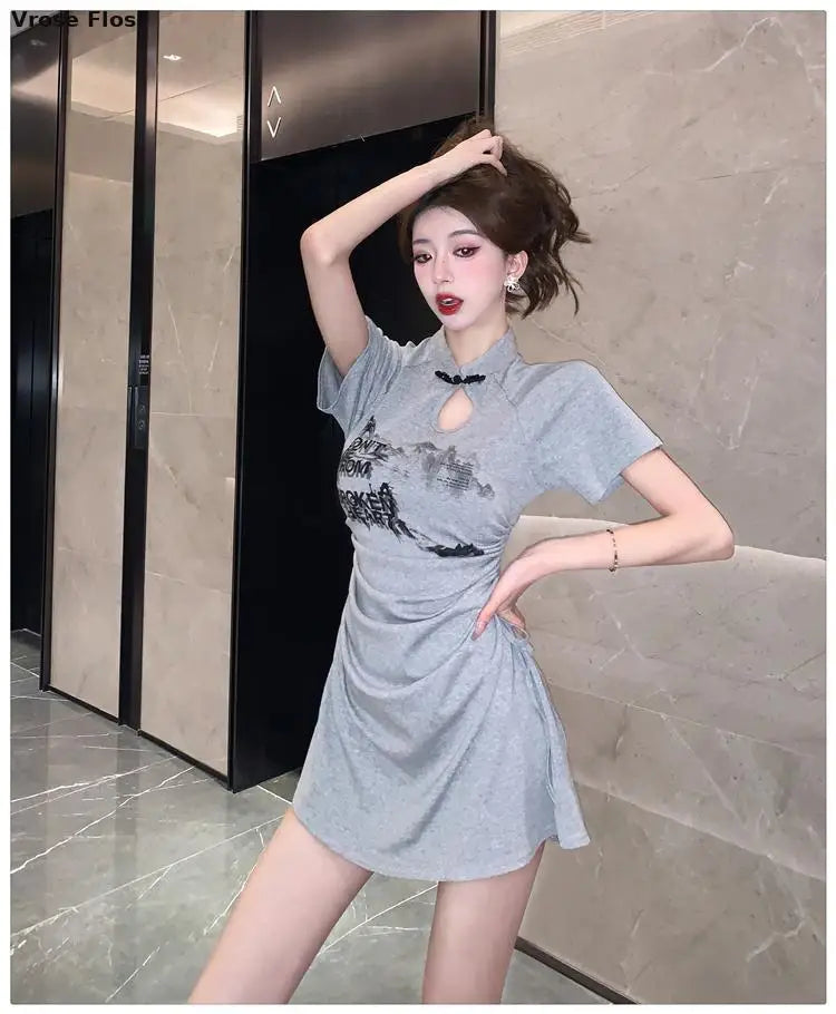 New 2024 Retro Daily Leisure Qipao Dress Chinese Style Printing Improved Cheongsam Fashionable Wrinkled Waist Design Thin Dress - Seprincess