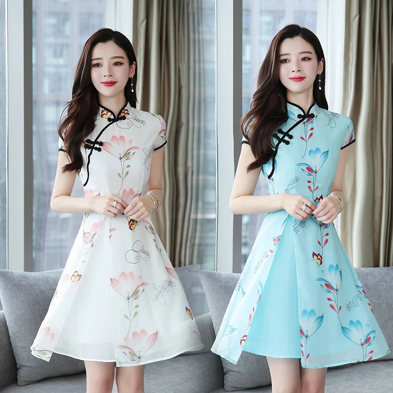 2023 Summer New Modern Improved Cheongsam Chiffon Printing Vintage Traditional Chinese Style Slim Qipao Dress - Seprincess