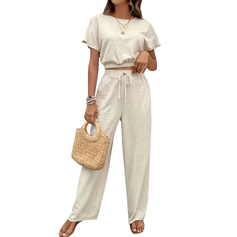 2024 Summer Soild Apricot Color Two Piece Set Women Casual Slash Neck Short Tops + High Waist Wide Leg Pants Female Suit New - Seprincess