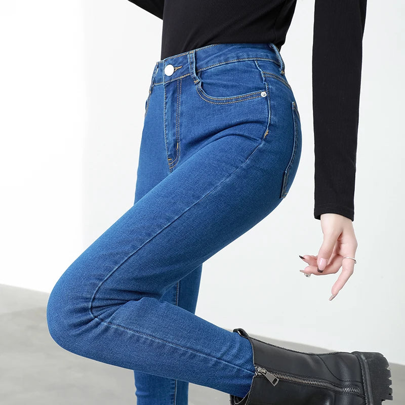 New Sexy Women Light Blue Slim Skinny Denim Jeans High Waist Elastic Mom Jeans Stretch Pencil Pants Streetwear Tight Trousers