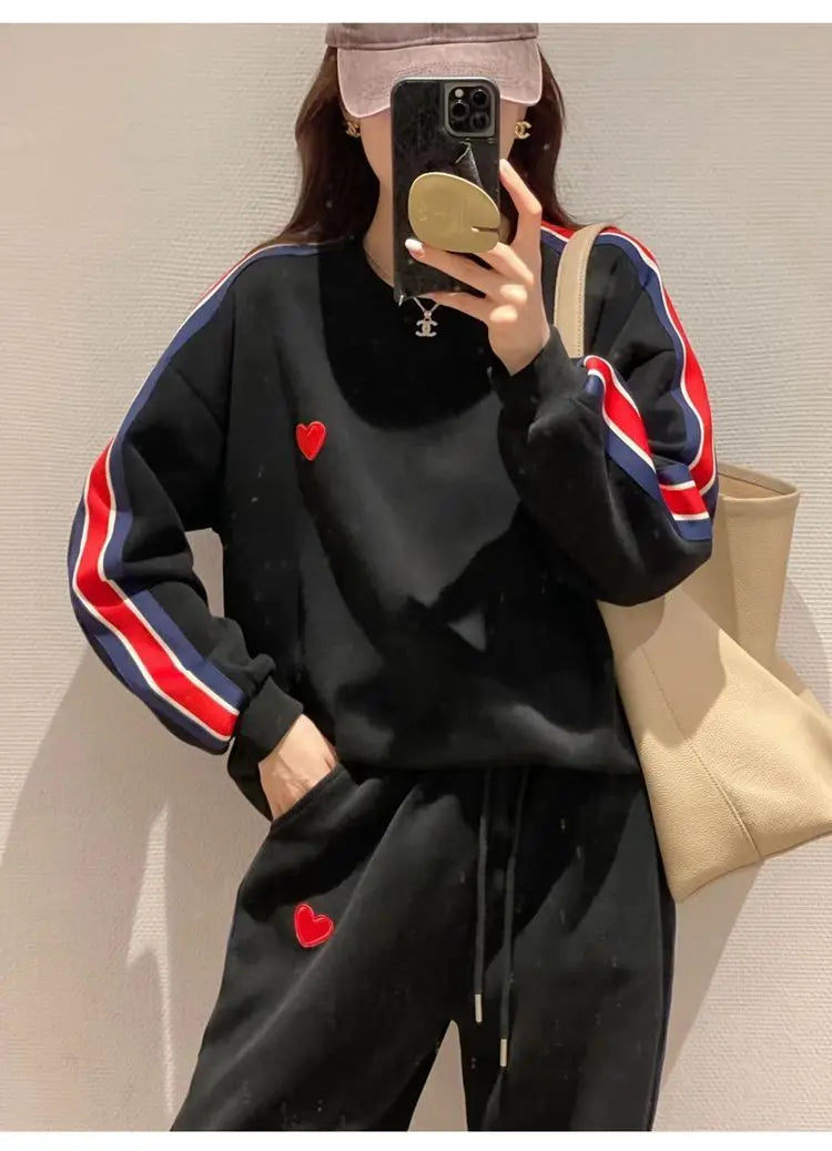 Autumn Cute Love Embroidery Pant Sets Two Pieces Tracksuits Khaki Side Striped Sweatshirt Women Girls Loose Sporty Korean Style